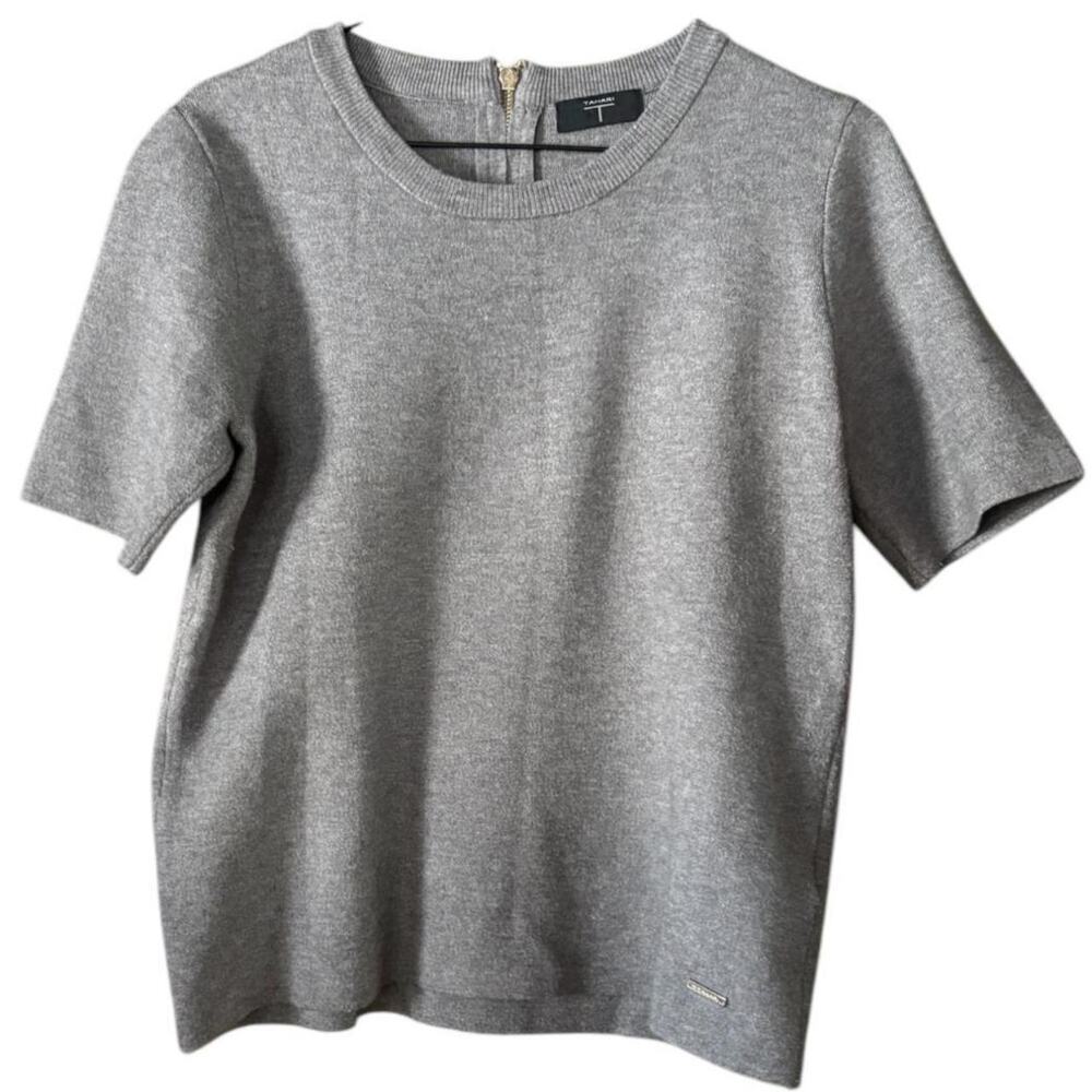 Tahari Thick Sweater T-Shirt – Cozy Short Sleeve Top Zip-Back Neutral Gray
